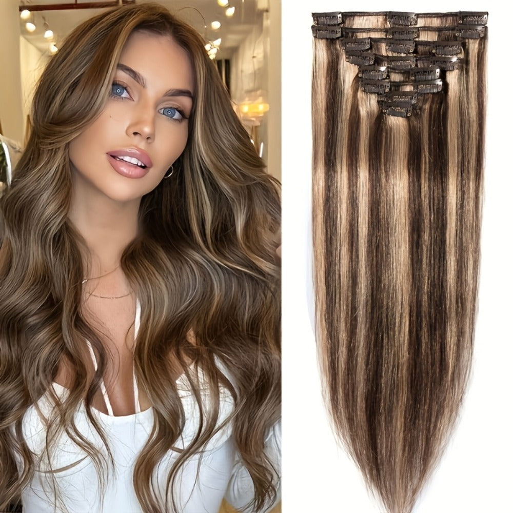 Hair Extensions Straight Remy Human Hair Clip-In Set with Eight Wefts, Highlighted Blonde Colors and 8–24-Inch Lengths — imag