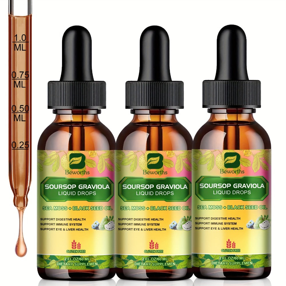 [8-IN-1 Soursop Drops] 1/3 Bottles 8-IN-1 Soursop Liquid Drops, Graviola Leaf & Fruit Complex Supplement With Sea Moss — imag