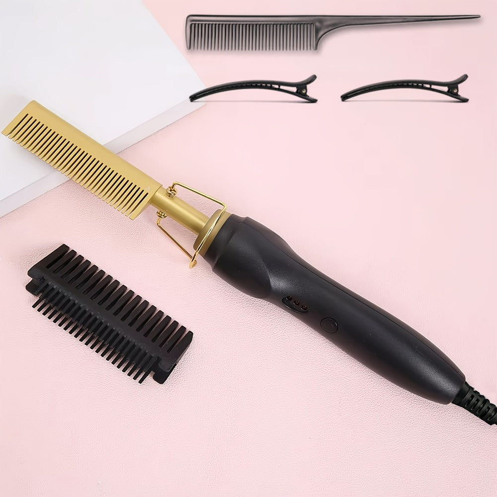 Electric Hot Comb Hair Straightener with Gold Titanium-Alloy Teeth, Detachable Guard and Adjustable Heat Controls — image 4