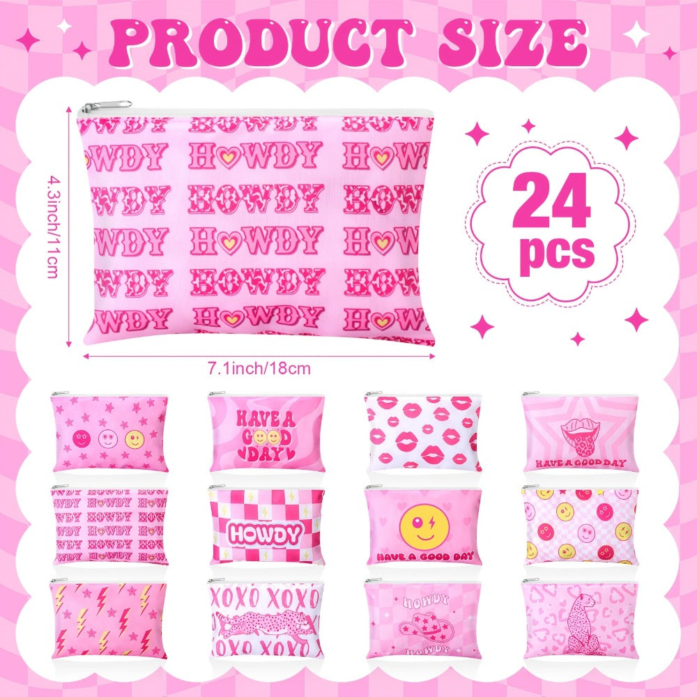 Bulk Cosmetic Bags 24-Pack Pink Howdy Western Zipper Makeup Pouches Party Favor Set for Women Girls Birthday Bachelorette Bri