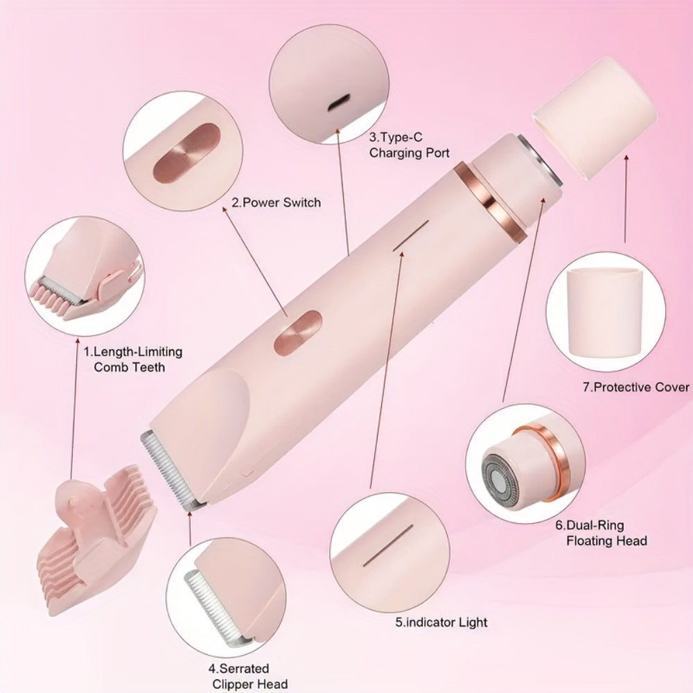 Bikini Trimmer Electric 2-in-1 Rechargeable Dual-Head Face Shaver for Women – Stainless Steel Blade USB Cordless Hair Remover