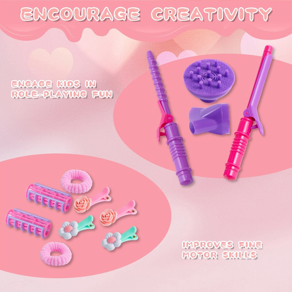 Girls Beauty Salon Toy Set 17 PCS, Pretend Play Hair Stylist Kit with Working Hairdryer Mirror Curling Wands Combs Clips & Je