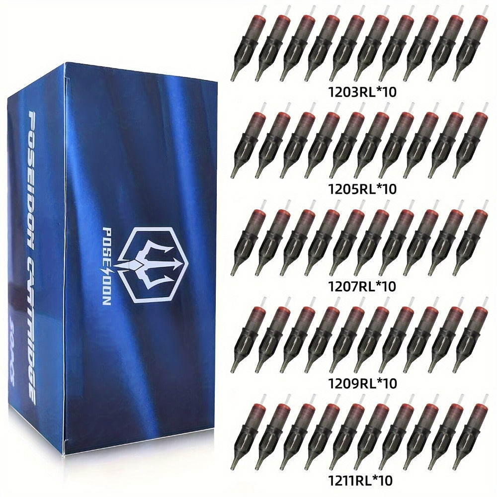 Tattoo Cartridge Needles with Poseidon Label, 50-Piece Long-Taper Round Liner Assorted Pack — image 1