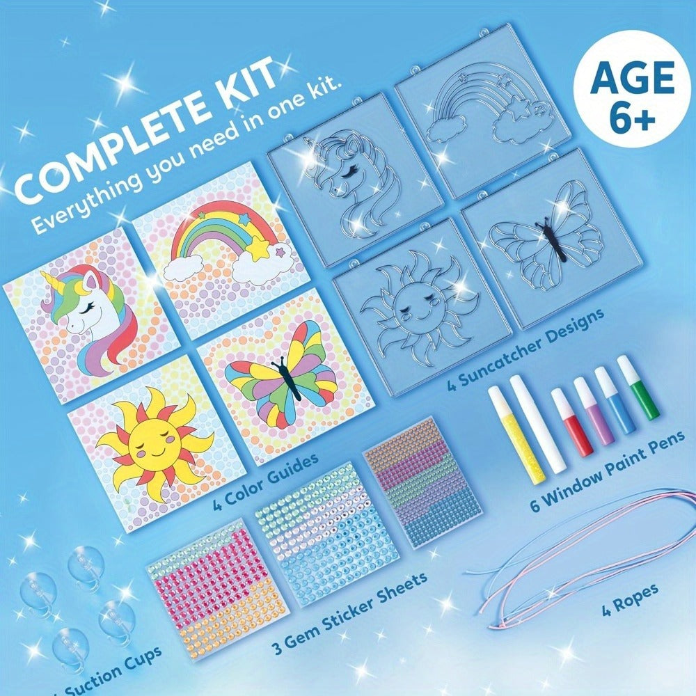 Suncatcher Painting Kit 4pcs for Kids, 2-in-1 Window Art with Gem Stickers & Paint Pens, Butterfly Unicorn Rainbow Sun Design