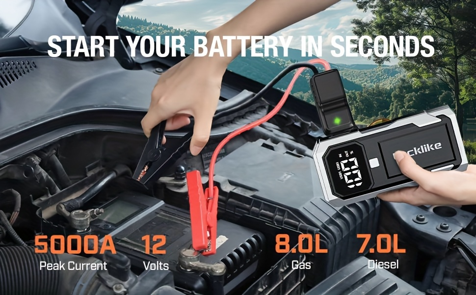 Battery Jump Starter 5000A 3000A Peak for Gas Diesel Engines QC3.0 18W Fast Charge USB-C Recharge for Garden, Patio and Yard 