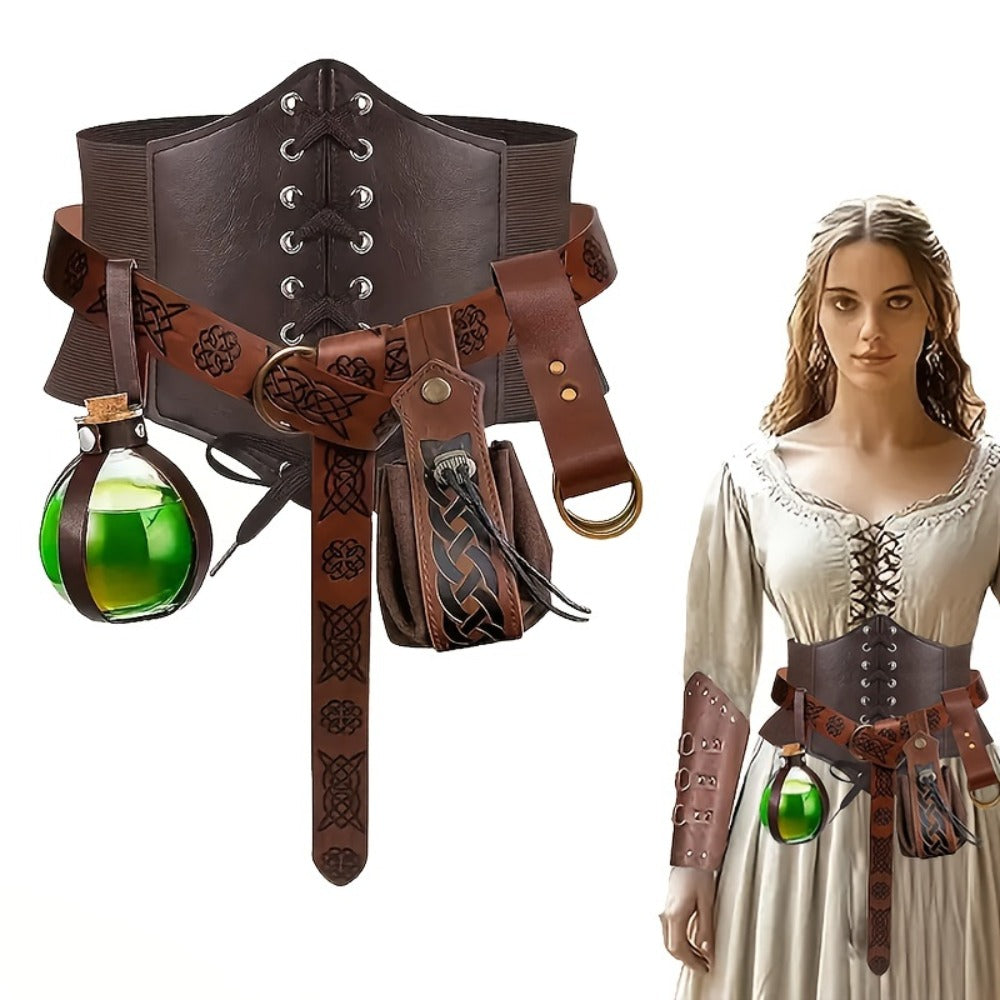 Renaissance Corset Set 5-Piece Ladies – Medieval Belt Pouch Potion Bottle Waist Protector, Women Halloween LARP Cosplay Renai