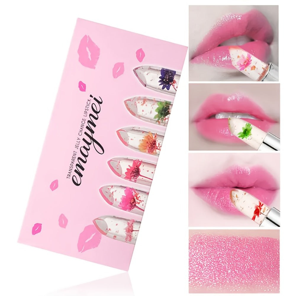 Lipstick Set, emaymei 6-Piece Transparent Flower-Core Jelly Collection in Ornate Pink Cases — image 5