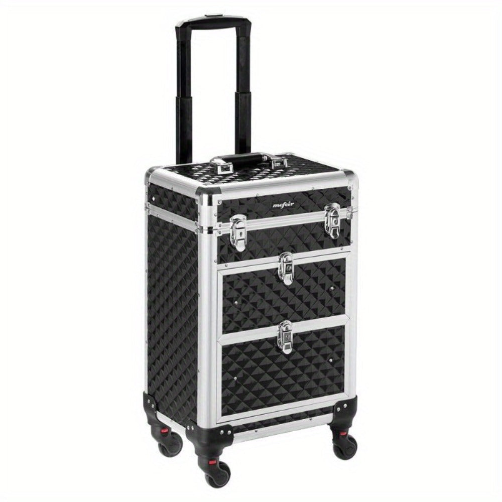 Black Rolling Makeup Train Case with Four Wheels, Telescoping Handle, Three Top Trays and Two Drawers — image 1
