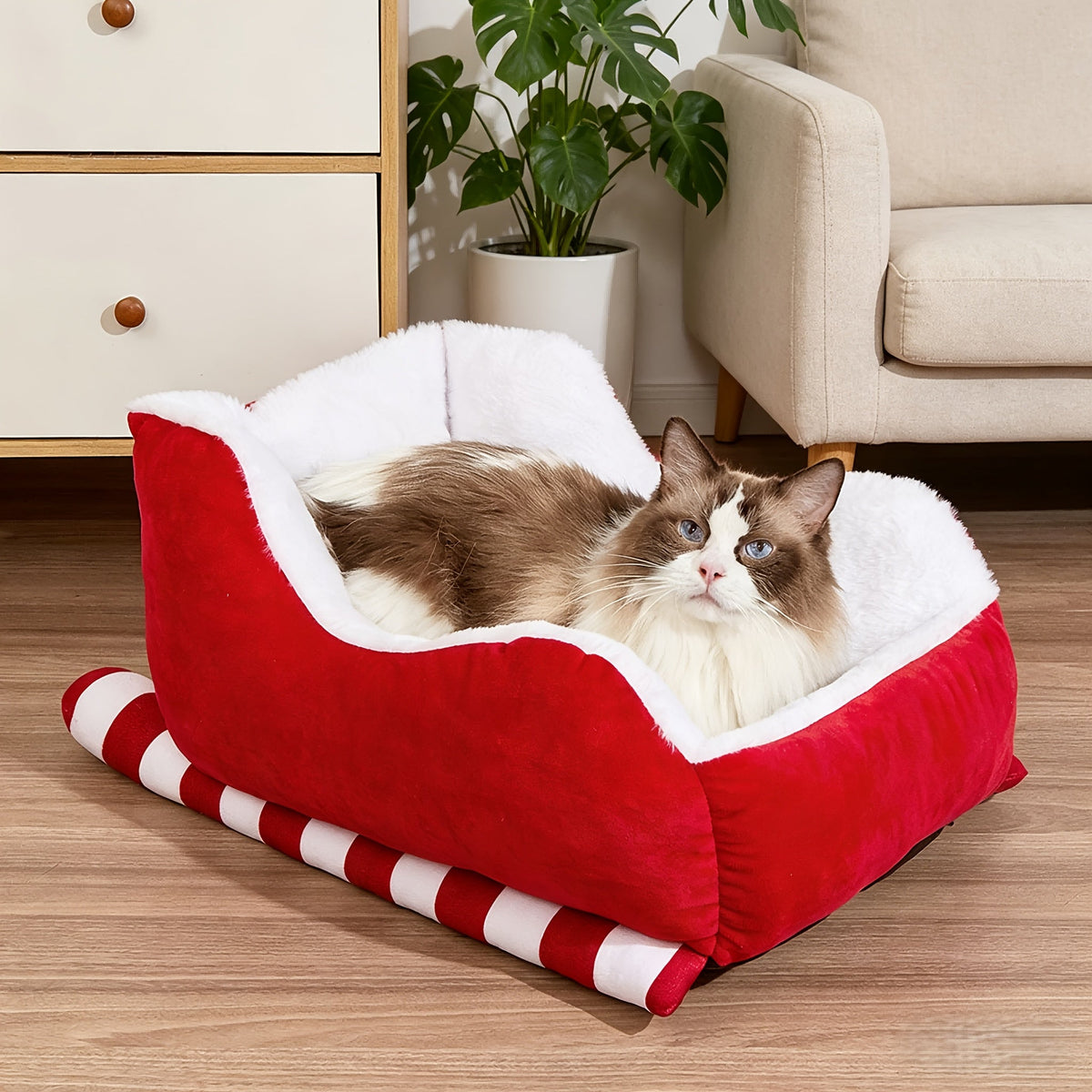 Red Velvet Dog Bed with Natural-Color Faux Fur Interior, Raised Round Sides and 20- or 26-Inch Size — image 1