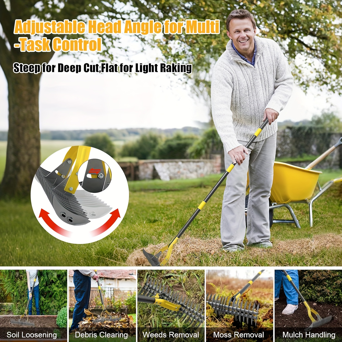 15-Inch Garden Thatch Rake with Curved Metal Teeth and 55- or 70-Inch Sectional Handle Options — image 8