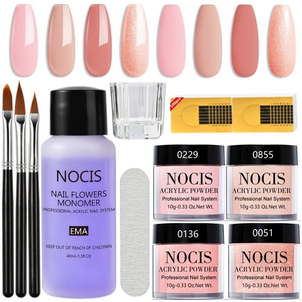 Acrylic Nail Kit NOCIS Four 10g Pink and Warm Neutral Powders with Liquid Monomer, Three Brushes and File — image 3