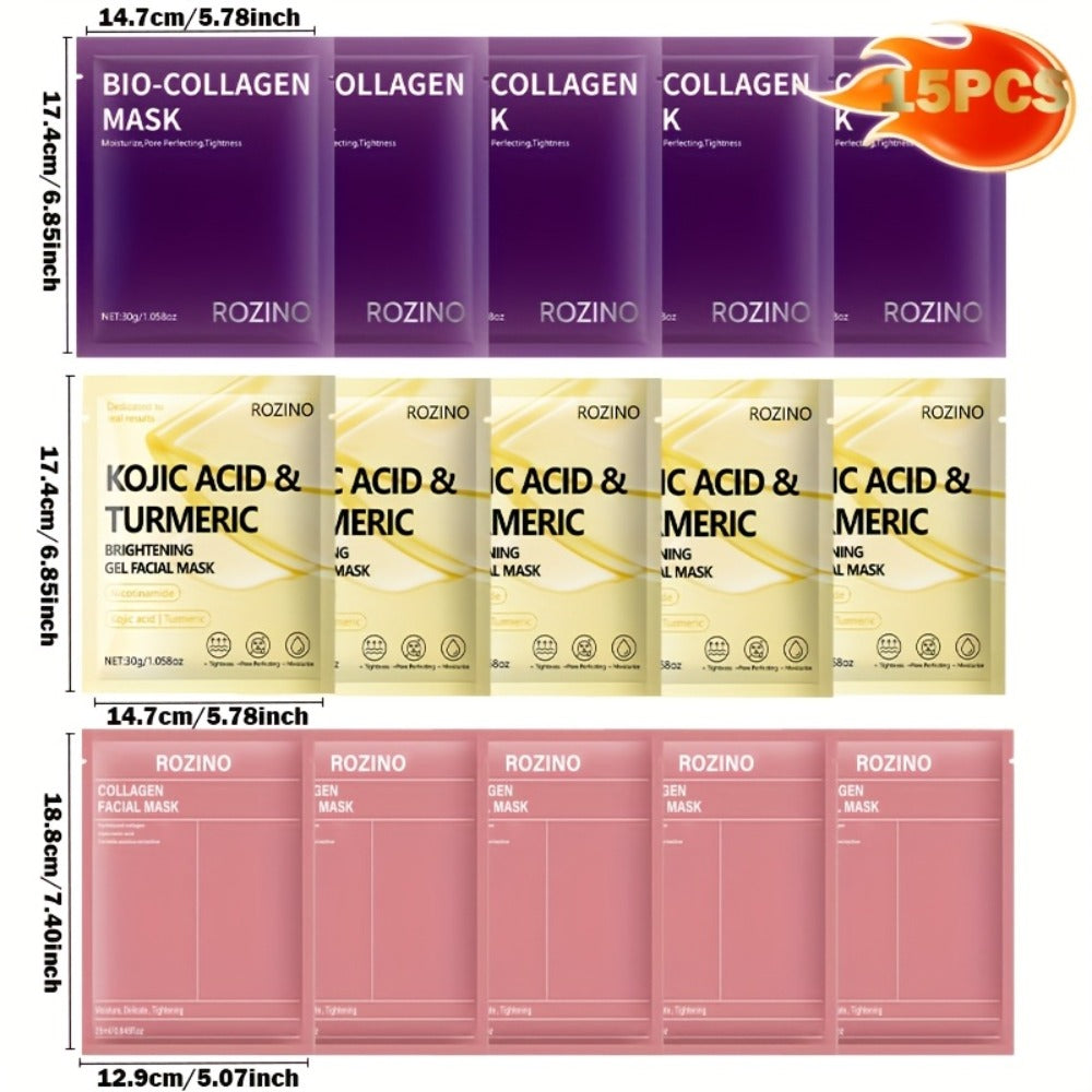 Face Mask, ROZINO 15-Piece Collagen Sheet Assortment with Bio-Collagen and Kojic Acid Turmeric Packets — image 5