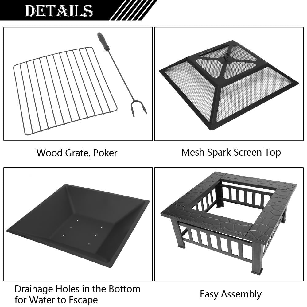 Fire Pit, Square Outdoor Metal BBQ Patio Backyard Camping Fireplace for Grilling, Camping and Outdoor Meals — image 4