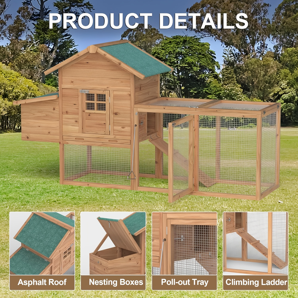 Chicken Coop with Run Large Outdoor Wooden Hen House 82 Inch Walk-in Poultry Cage for 2-4 Chickens Ducks for Garden, Patio an
