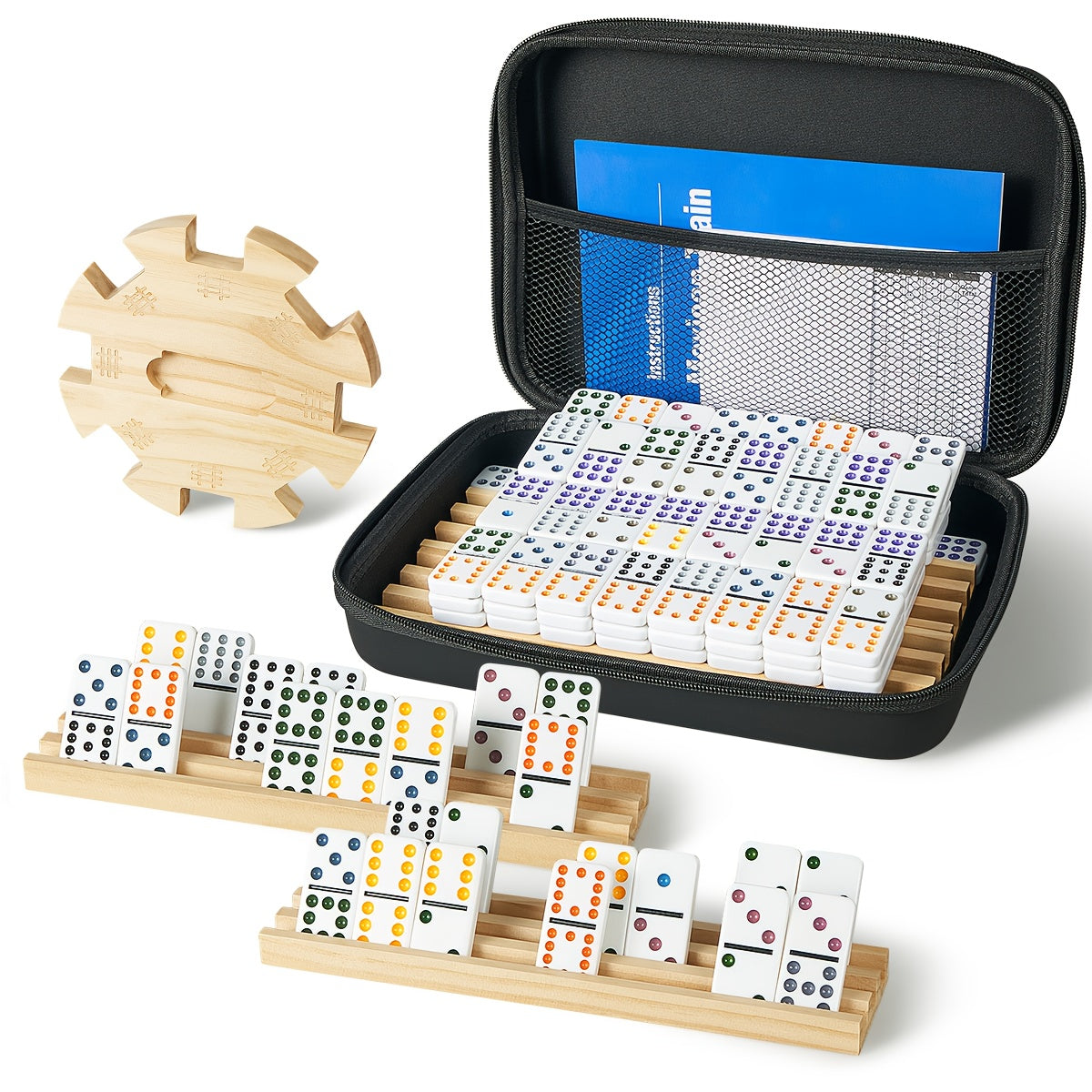 Mexican Train Dominoes Double 12 Set – 91 Colorful Tiles, 9 Metal Trains & 4 Wooden Racks, Complete Strategy Board Game with 