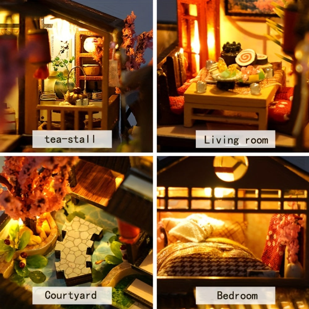 DIY Miniature House Kit, Sakura Garden Villa Wooden Dollhouse with Full Furniture & Accessories, Japanese Cherry Blossom Styl