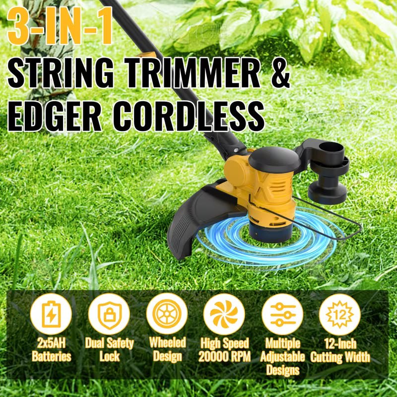 12-Inch Cordless Lawnmower and Electric Trimmer Combo with 2 Batteries