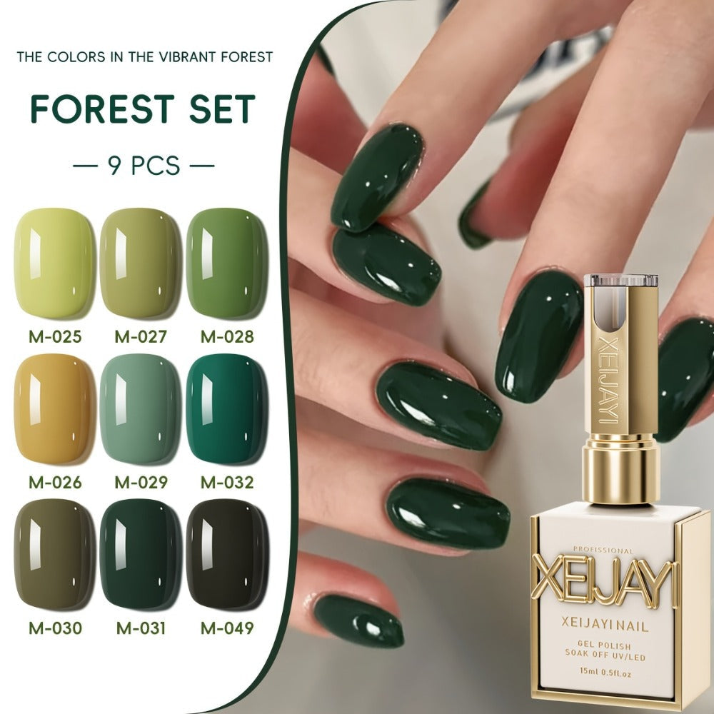 Gel Nail Polish Set with XEIJAYI Label, 9 Green Forest Colors in 0.51oz Photo Frame Bottles — image 2