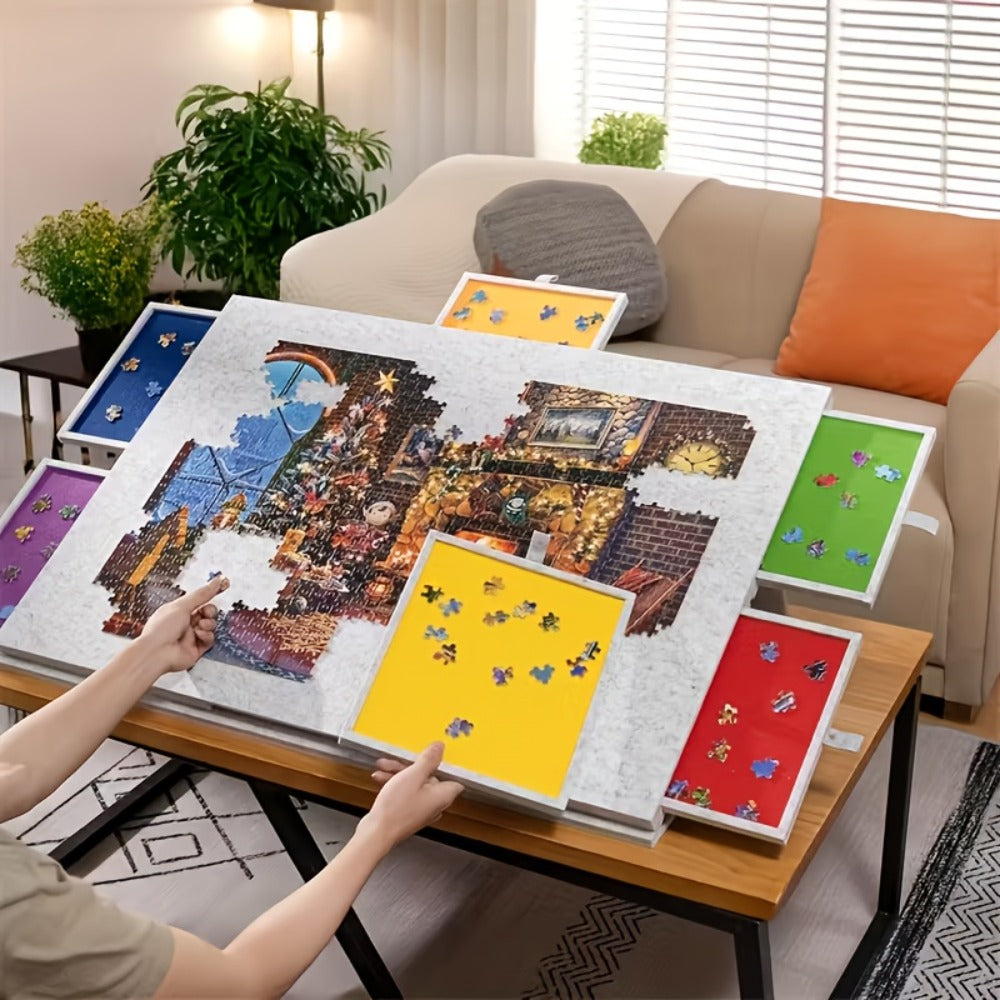 Dark-Gray Tilting Puzzle Board with Six Colored Drawers, Folding Stand and 1000-Piece Label — image 8