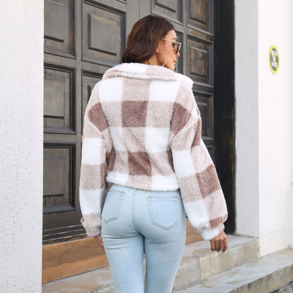 Plaid Double Sided Velvet Jacket For Women Lantern Sleeve Loose Short Coat Autumn And Winter Plush Clothing