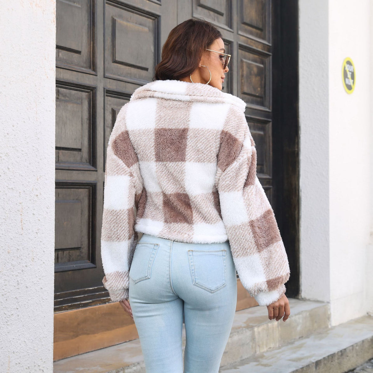 Plaid Double Sided Velvet Jacket For Women Lantern Sleeve Loose Short Coat Autumn And Winter Plush Clothing