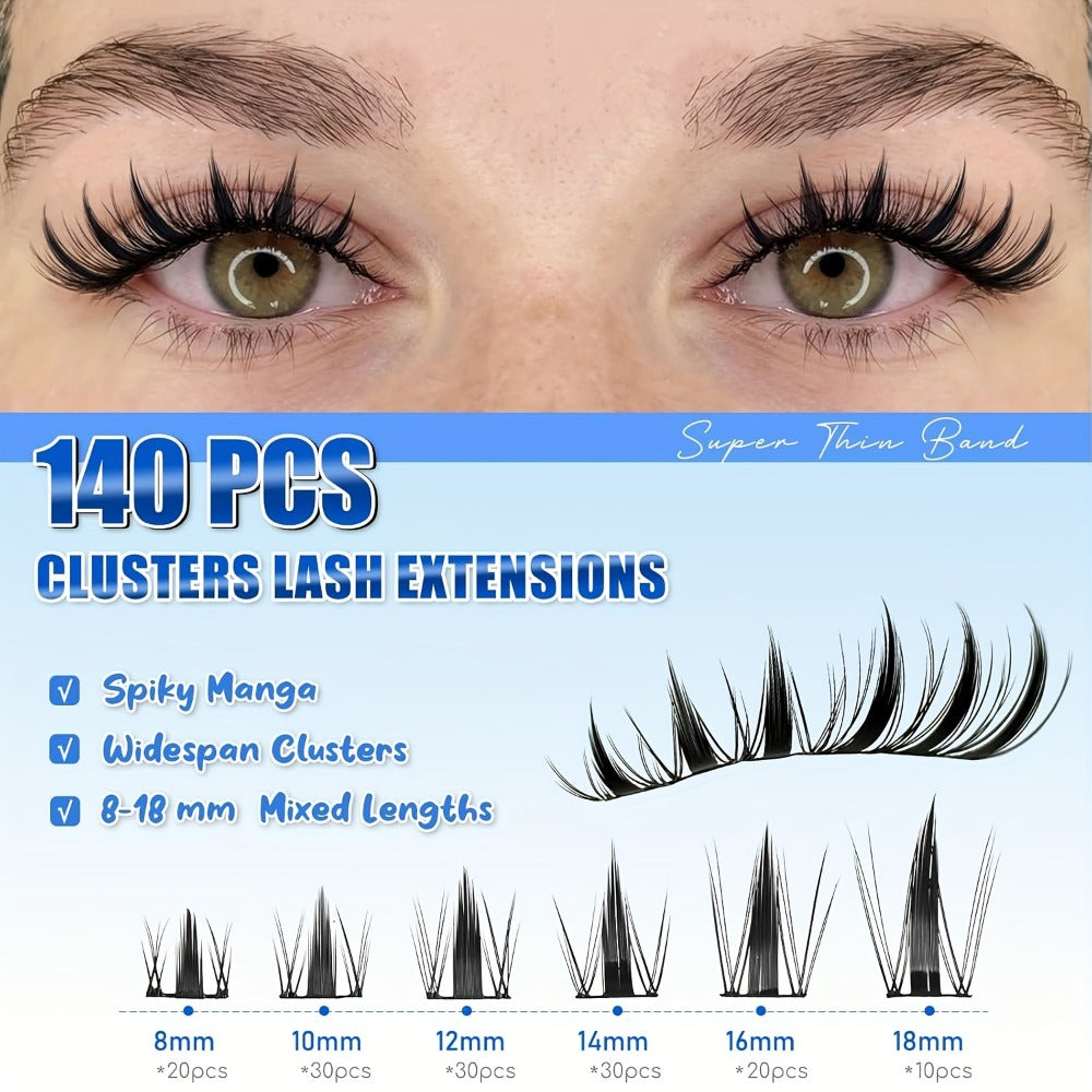 C-Curl Spike Lash Extension Kit with 140 Clusters in Mixed 8-18mm Lengths, Adhesive Tube and Curved Applicator — image 2