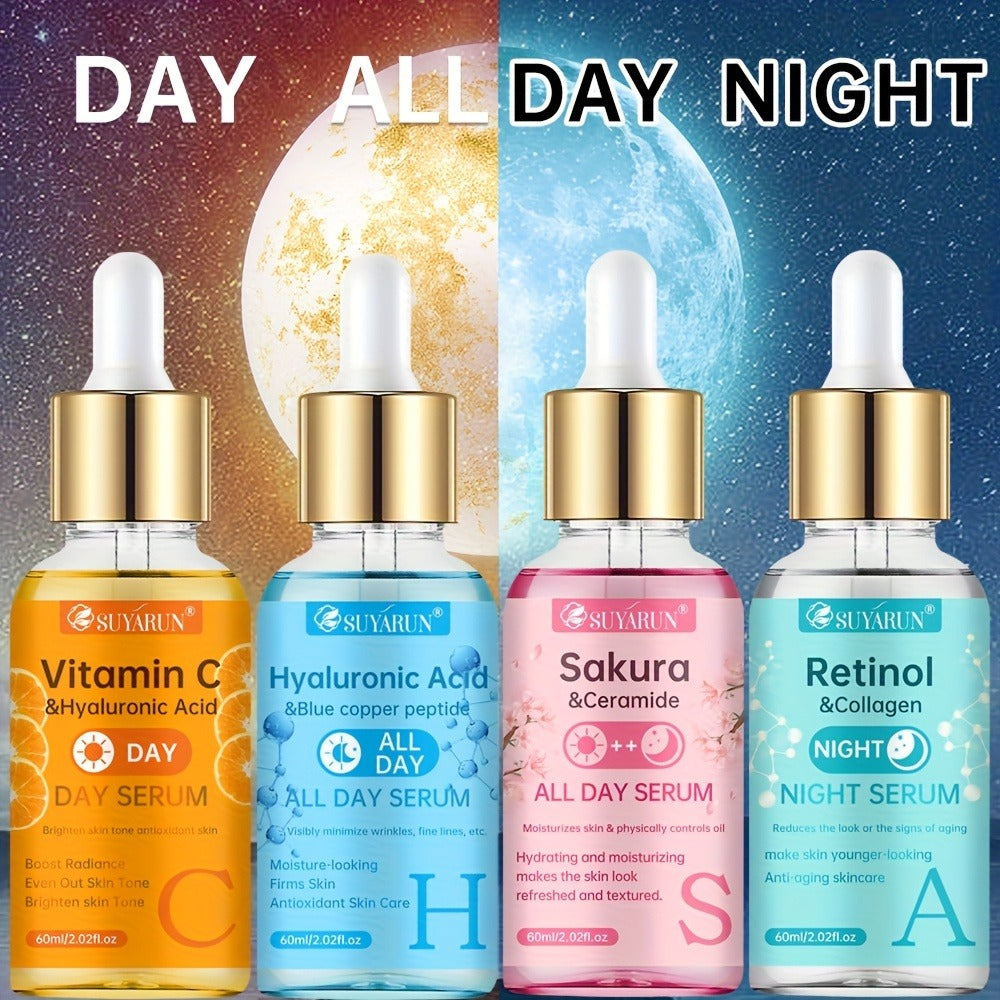 Face Serum Set 4-Piece Day & Night with Vitamin C Retinol Hyaluronic Acid Ceramide - Deep for Bath Time, Home Spa and Persona