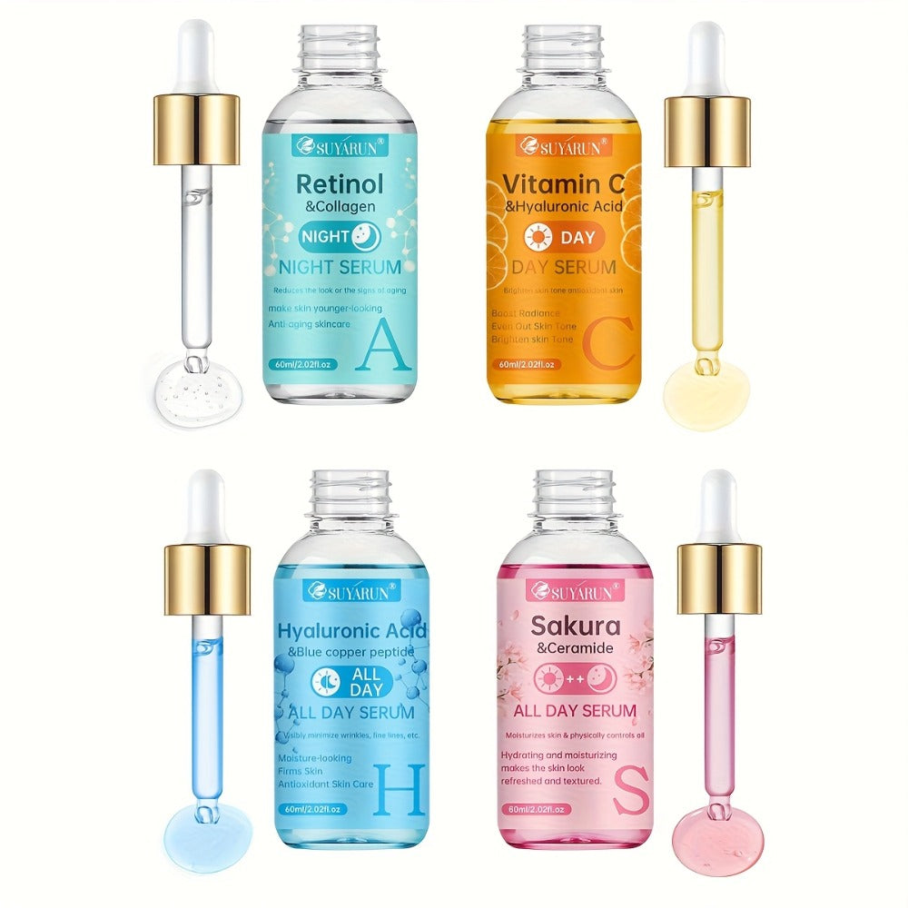 Face Serum Set 4-Piece Day & Night with Vitamin C Retinol Hyaluronic Acid Ceramide - Deep for Bath Time, Home Spa and Persona