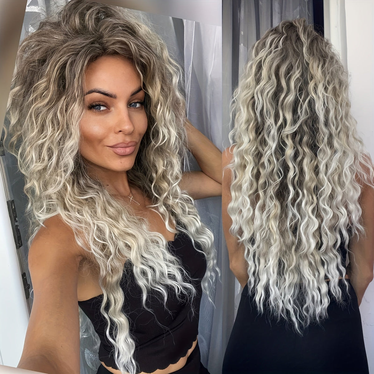 Synthetic Wig 30-Inch Long Curly Waves with Dark Roots, Middle Part and Three Ombre Colors — image 2