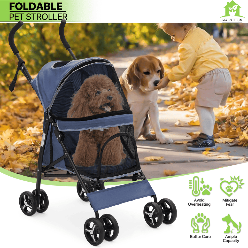 Four-Wheel Pet Stroller with Mesh Cabin, Folding Frame, Lower Basket and Ten Color or Print Options — image 22