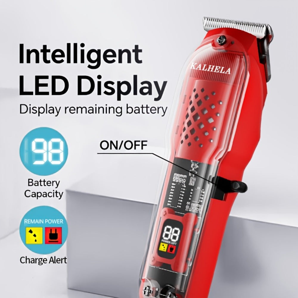 Transparent Electric Hair Clipper with Digital Display, Four Guide Combs, Grooming Tools and Red, Black or Blue Finish — imag