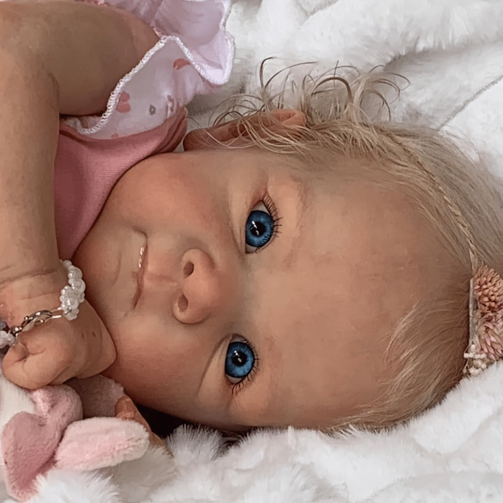 Reborn Baby Doll 16-Inch Cloth Body with Rooted Blonde Hair, Open Eyes, Pink Romper and Pacifier Set — image 2