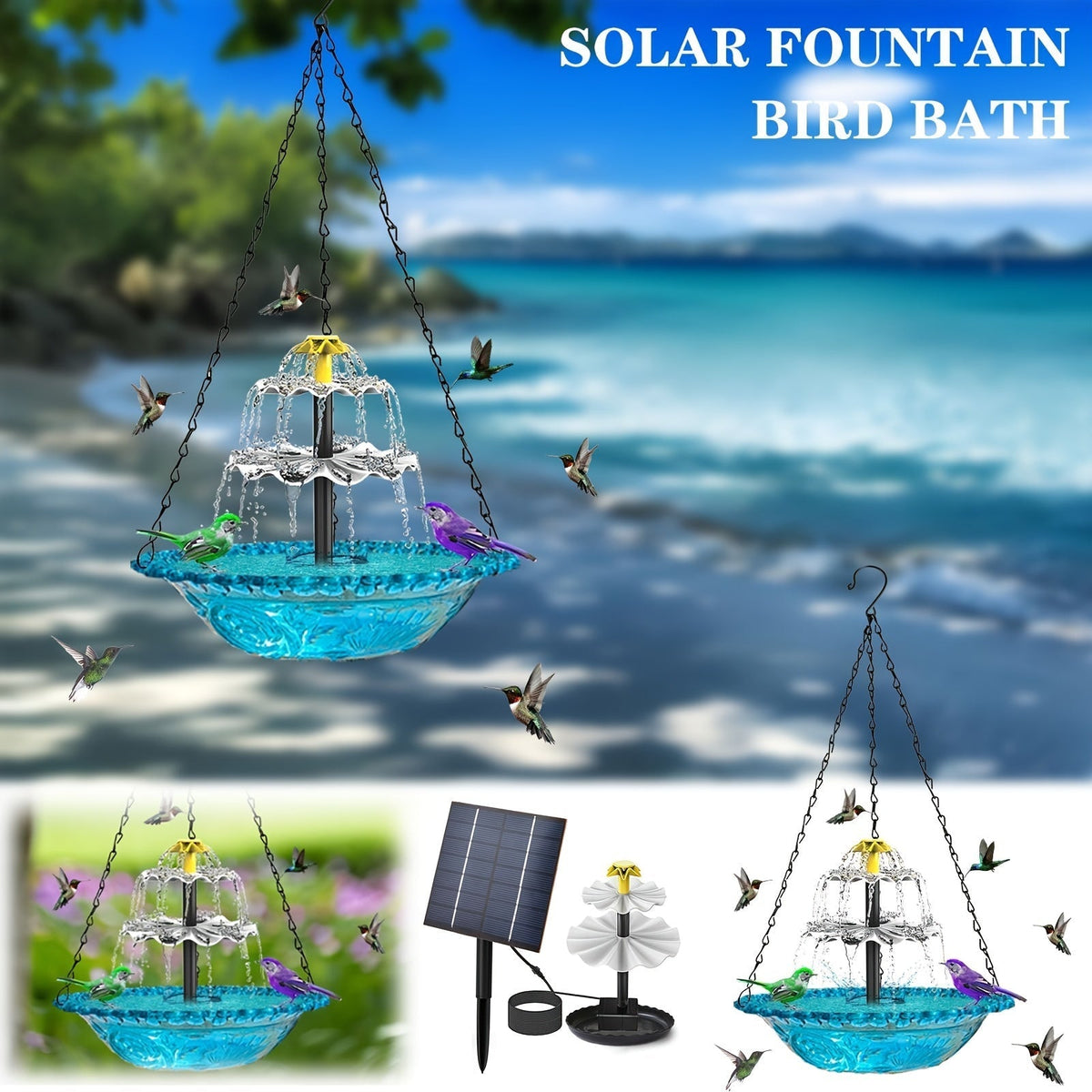 Solar Bird Bath Fountain 3-Tier with Pump for Garden, Patio and Yard Use, with the Listed Configuration — image 3
