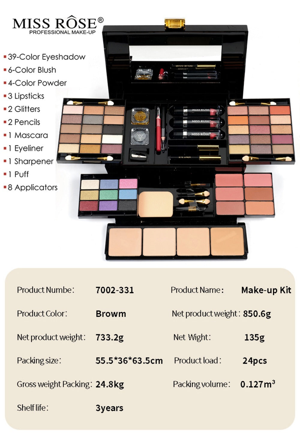 Makeup Kit 58-Color Black Mirror Case with Sliding Trays for Face, Eye and Lip Cosmetics plus Application Tools — image 11