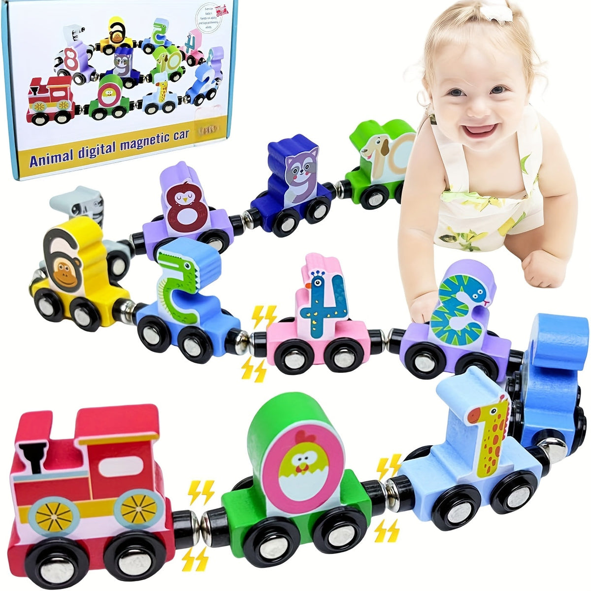 Magnetic Wooden Animal Train Set 12pcs with Storage Bag, Number & Animal Learning Toy for Toddlers Ages 1 2 3 — image 6