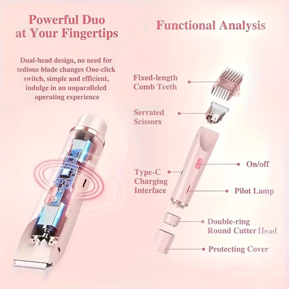 Bikini Trimmer Electric 2-in-1 Rechargeable Dual-Head Face Shaver for Women – Stainless Steel Blade USB Cordless Hair Remover