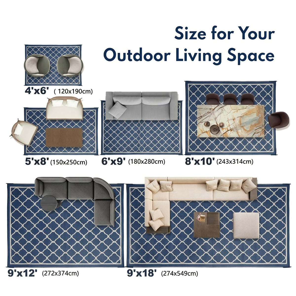 Outdoor Area Rug Waterproof Foldable Picnic Mat for Patio Balcony RV Camping Beach Garden – Blue Clover & Gray, Multiple Size
