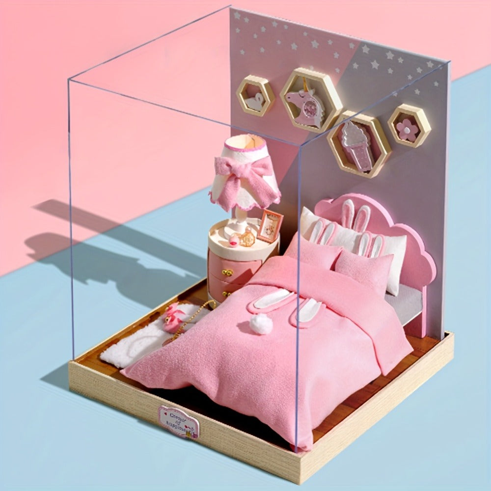 DIY Miniature Dollhouse Kit with Dust Cover Small, Mini House Model No Glue with the Listed Color, Size or Set Options for Ev