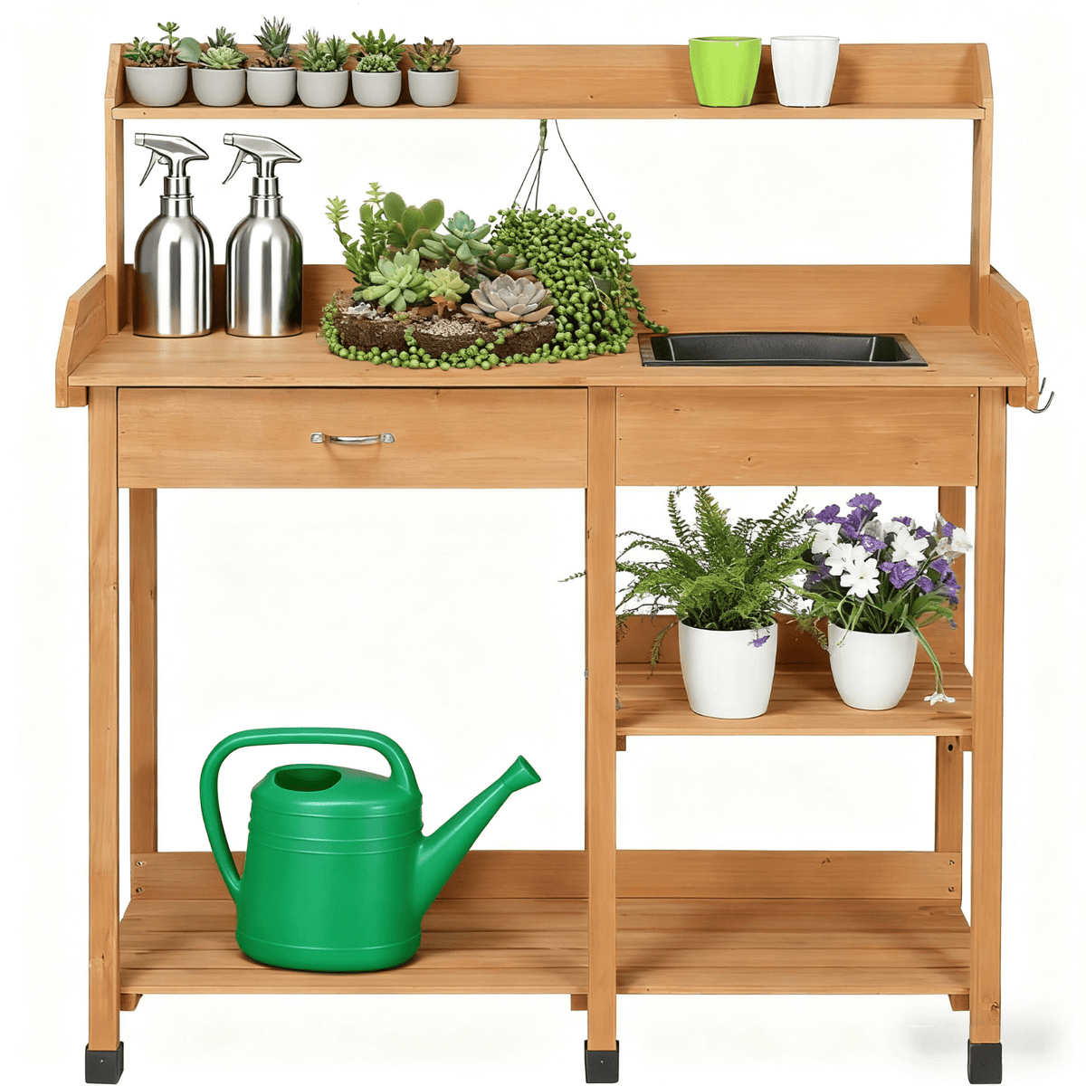 Garden Potting Table 4-Tier with Removable Sink, Adjustable Shelf, Drawer & Side Hooks, Outdoor Planter Stand for Yard Greenh