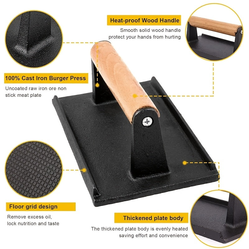 Smash Burger Press Cast Iron Heavy Duty Dual-Size Burger Smasher with Ergonomic Wood Handle – BBQ Grill Press for Smash Burge