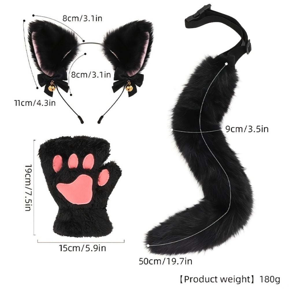 Cat Costume Set 3 Piece, Bell Ear Headband, Plush Paw Gloves & Adjustable Tail for Halloween, Cosplay — image 15