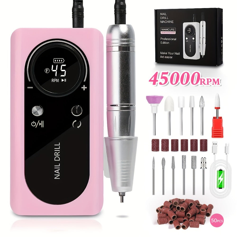 Low Noise Nail Drill Machine 45000RPM Rechargeable with LCD Display – Quiet Electric E-File for Gel Polish Acrylic Natural Na