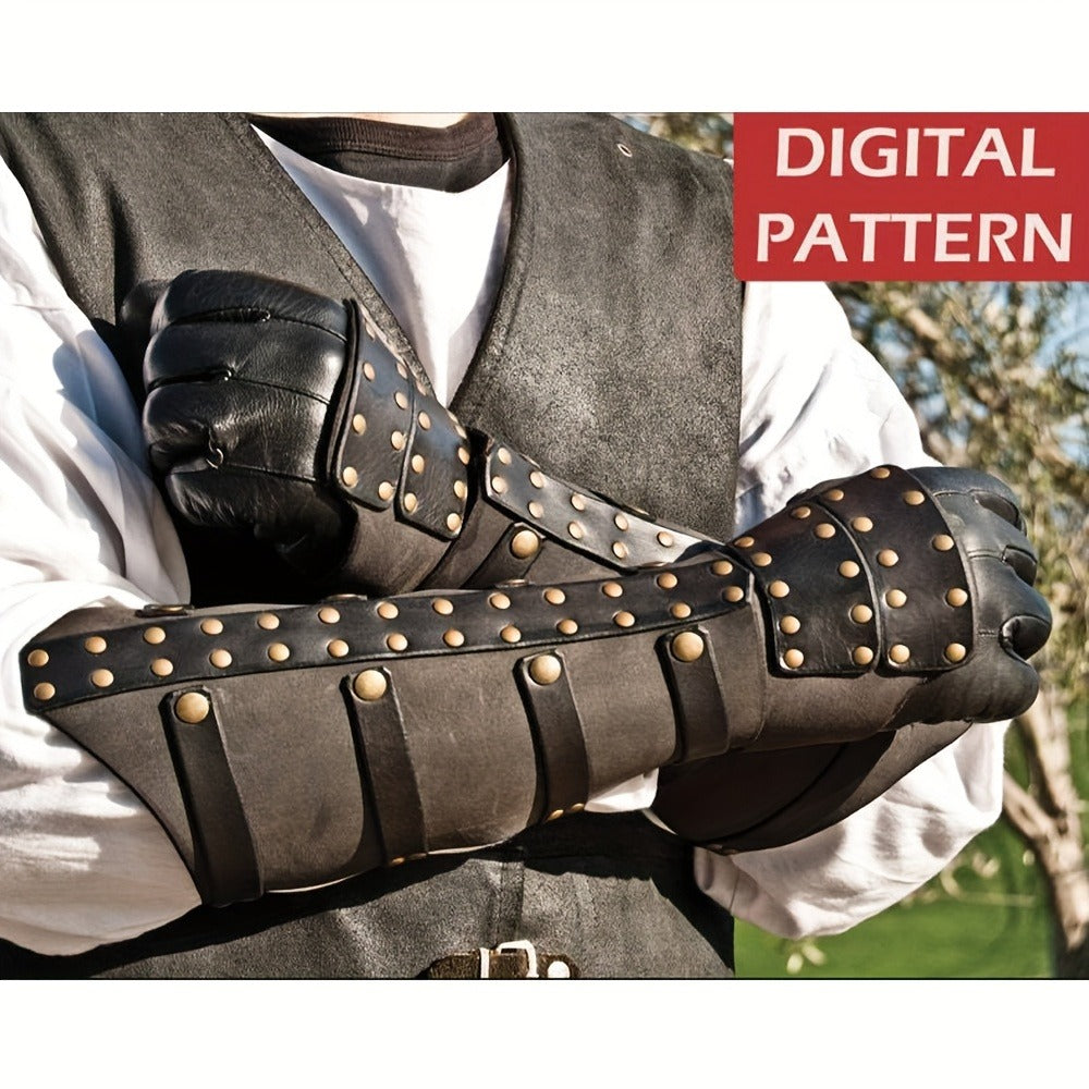 Riveted Costume Forearm Guard in Brown, Black or Coffee with Finger Loop and Buckled Strap Details — image 2
