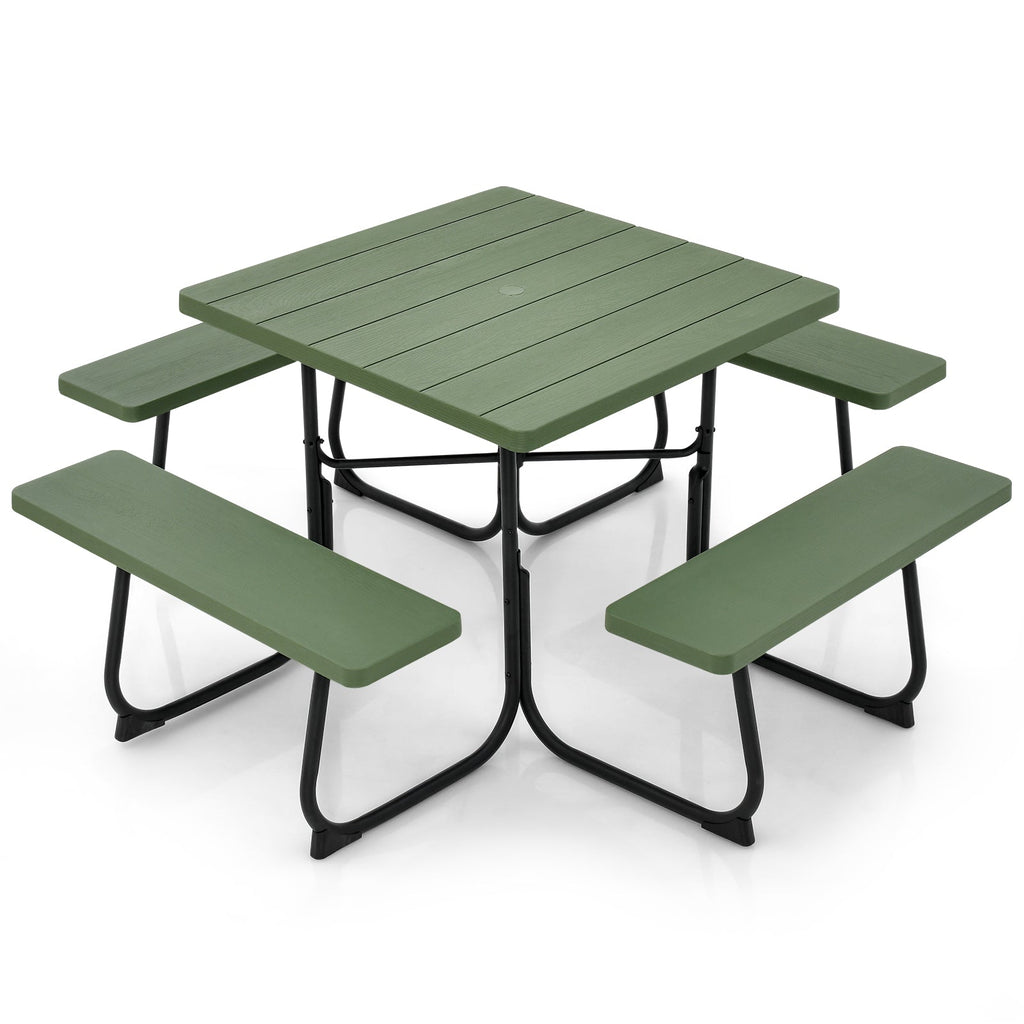 Outdoor Picnic Table 8-Person, Square HDPE Table with 4 Built-in Benches, Umbrella Hole, Metal Frame — image 3