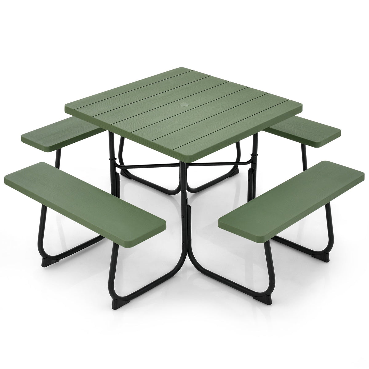 Outdoor Picnic Table 8-Person, Square HDPE Table with 4 Built-in Benches, Umbrella Hole, Metal Frame — image 3
