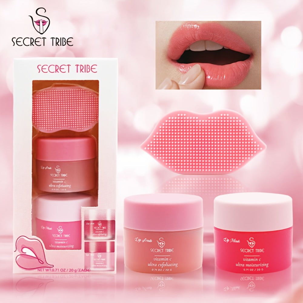Lip Care Set 3pcs – Lip Mask, Lip Scrub Balm & Lip Brush Kit with Natural Ingredients for Deep Hydration, Exfoliation & Lip C