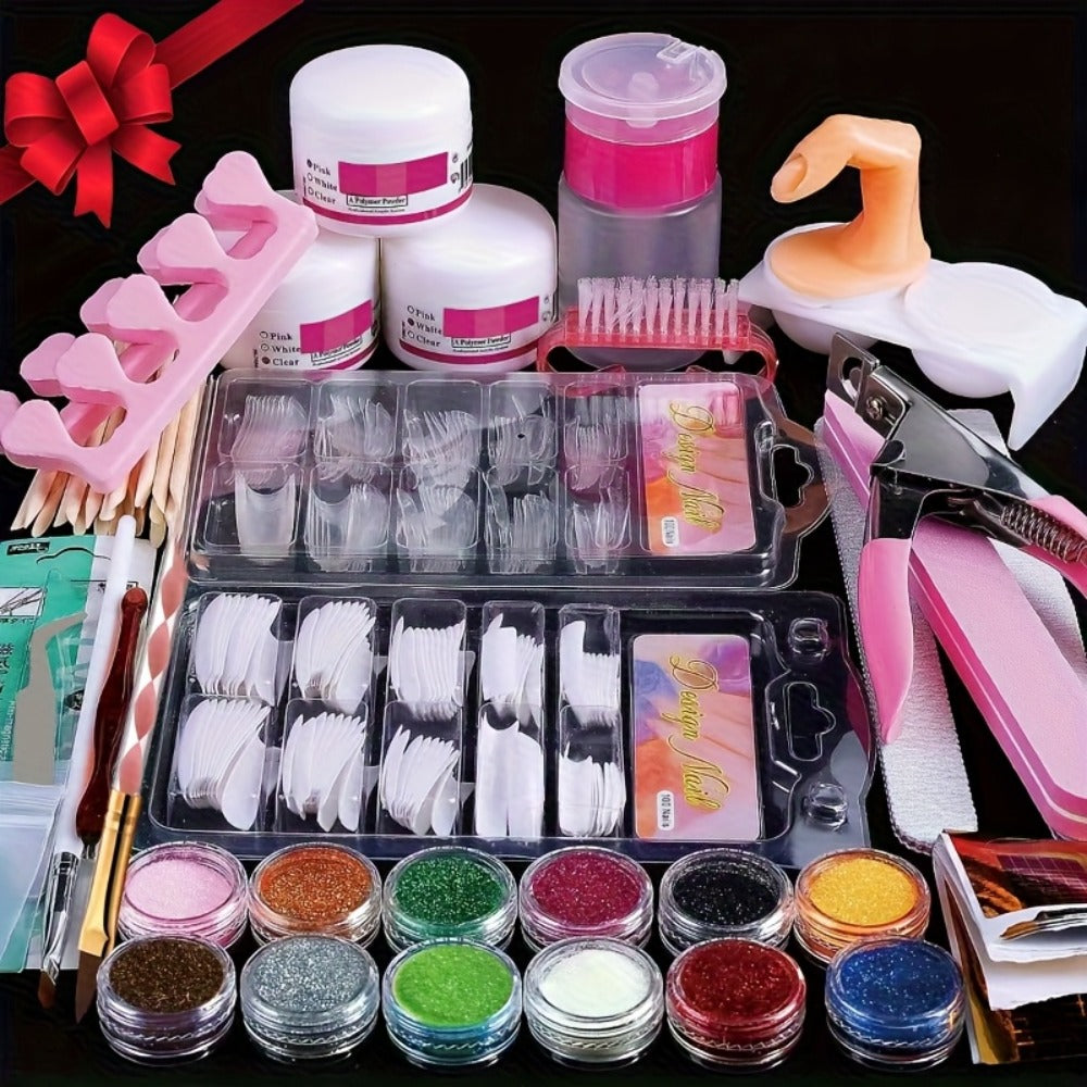Acrylic Nail Kit with 12 Glitter Powders, Three Base Powders, Nail Tips, Forms and Application Tools — image 1