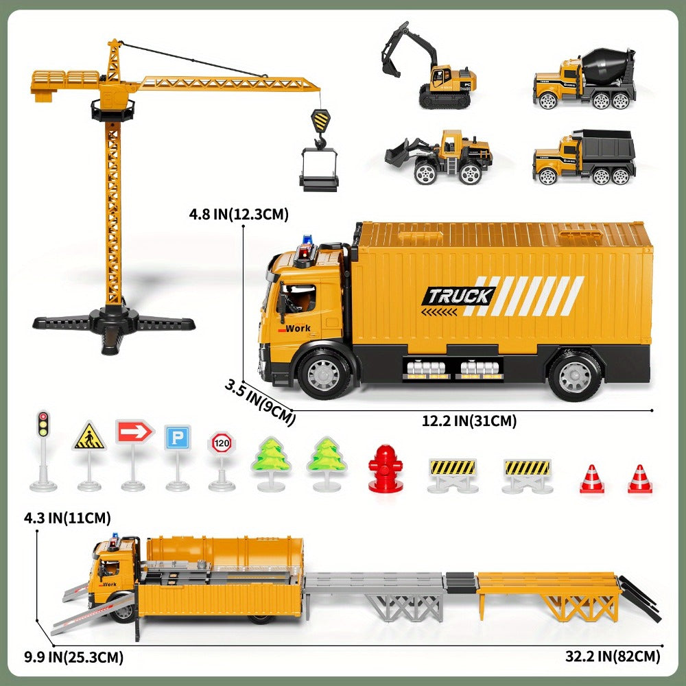 Construction Vehicle Container Truck Toy Set with Crane & Foldable Double Race Track, 4 Alloy Trucks — image 2
