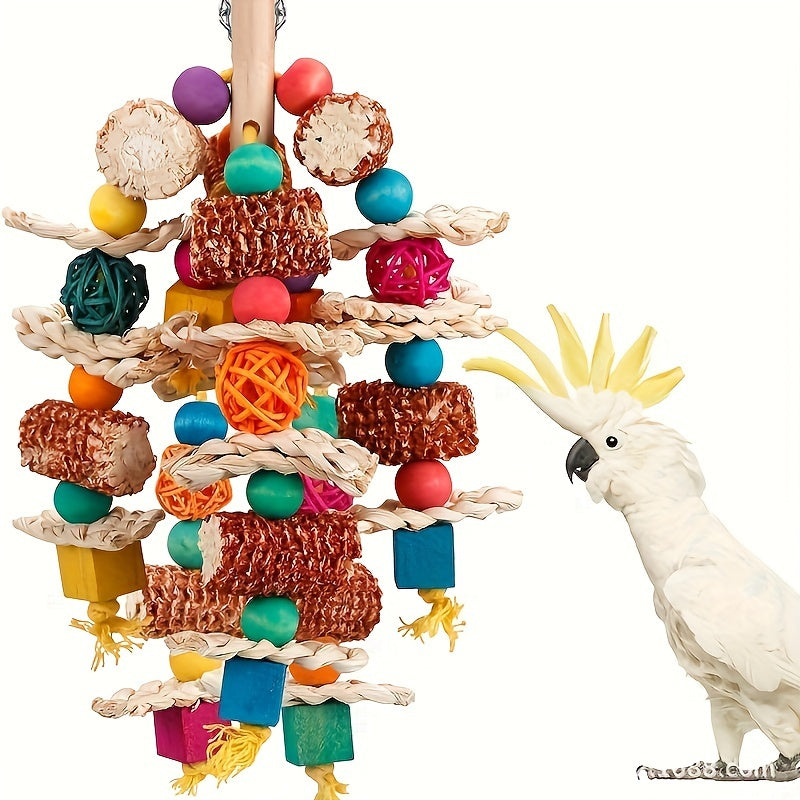 Colorful 16-Inch Corn Cob and Woven Rattan Hanging Bird Toy with Metal Hook for Medium and Large Parrots — image 1