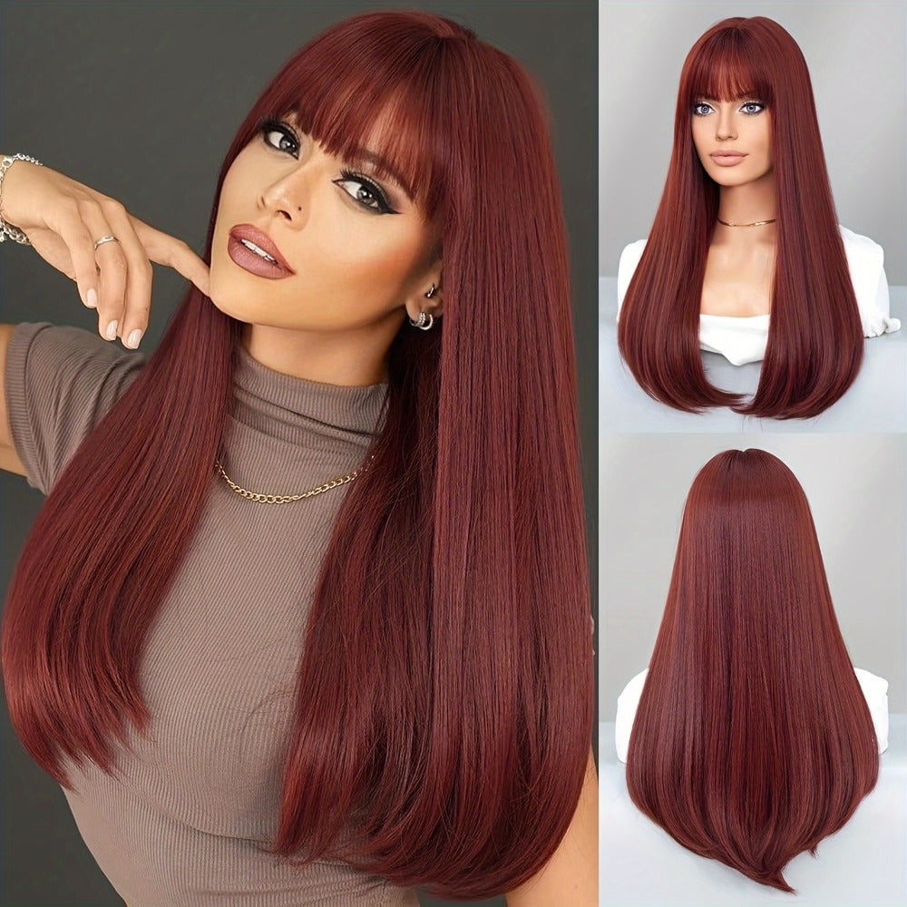 Long Straight Wig with Bangs Burgundy Wine Red 28 Inch Synthetic Heat Resistant Lightweight for Women Daily Wear Holiday Part